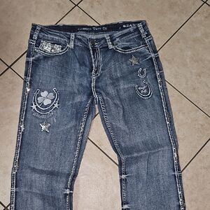 Cowgirl Tuff Unbelievable Women's Distressed Blue Boot Cut Jeans Size 32